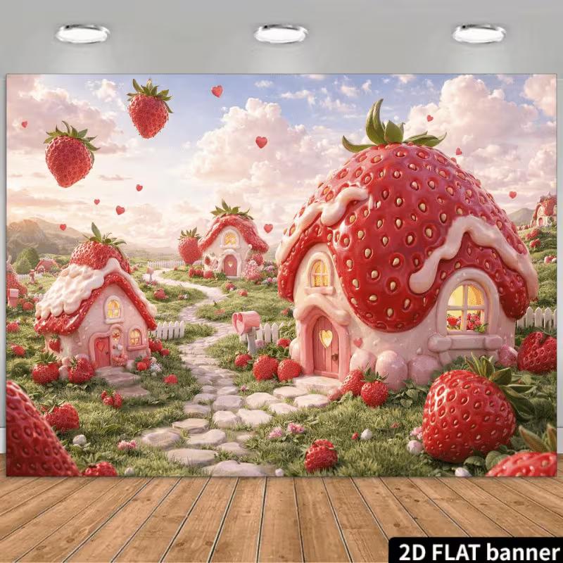 2D Whimsical Strawberry Houses & Hearts Photography Background 47.2x31.5inch/120*80cm