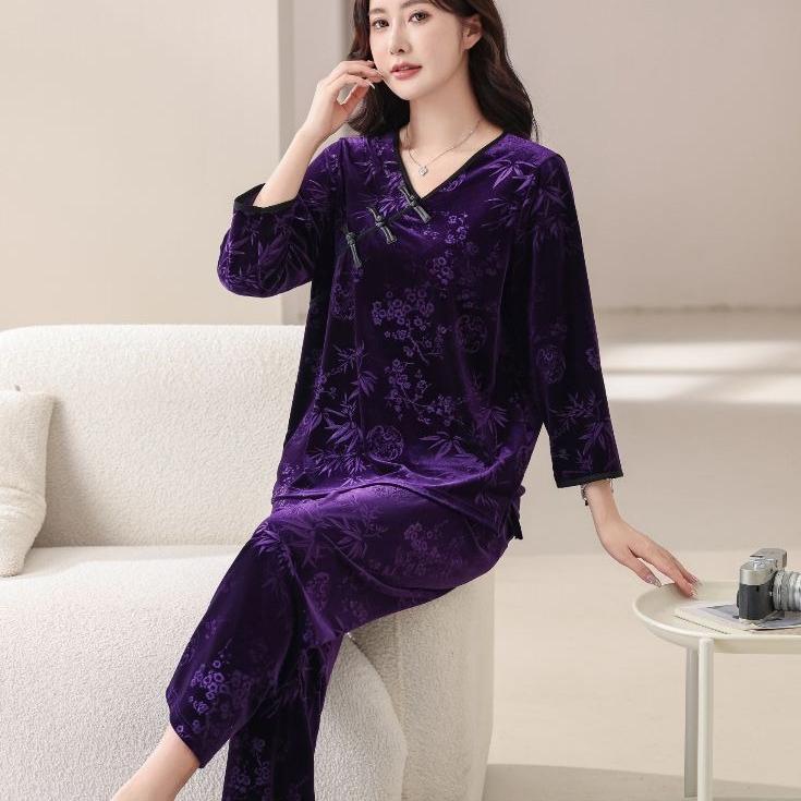 Autumn and Winter Women's Velvet Loungewear Printed Loose Plus Size Pajama Set