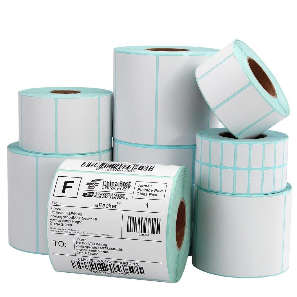 Wytrzymały papier termiczny do etykiet: Naklejki samoprzylepne do drukarki kodów kreskowych 60x40mm, 70x50mm, 80x100mm.