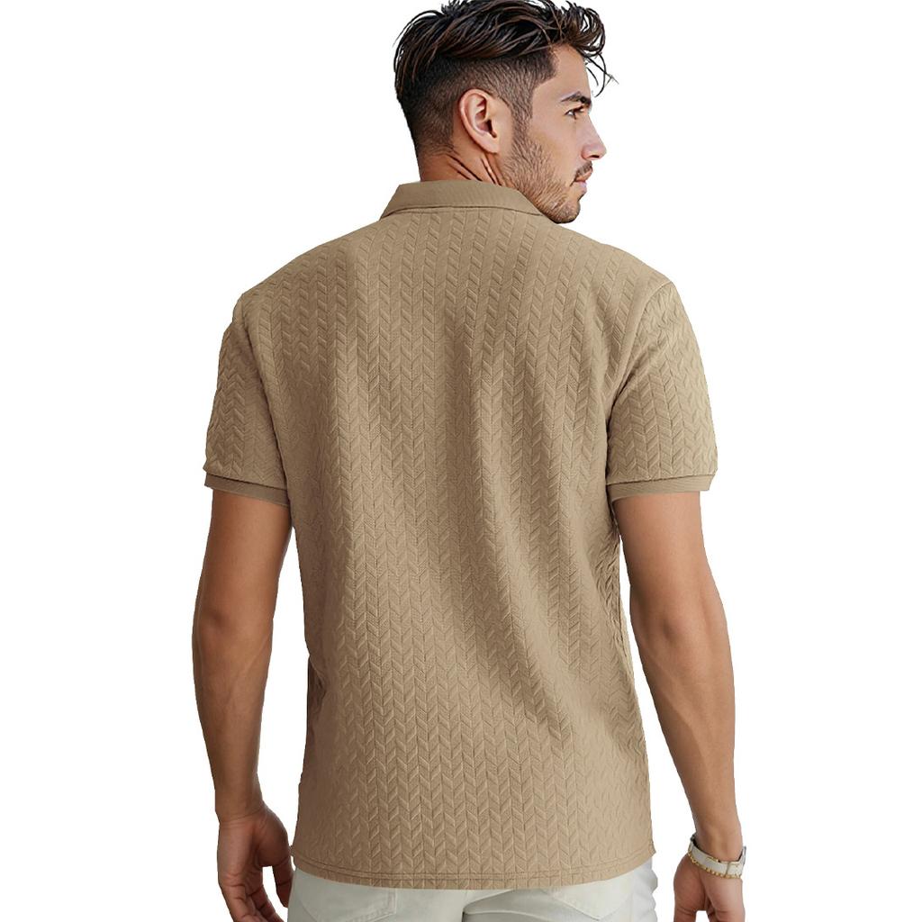 Polo Shirt Solid Color Jacquard Short Sleeved Casual Slim Fit Lapel Shirt for Men