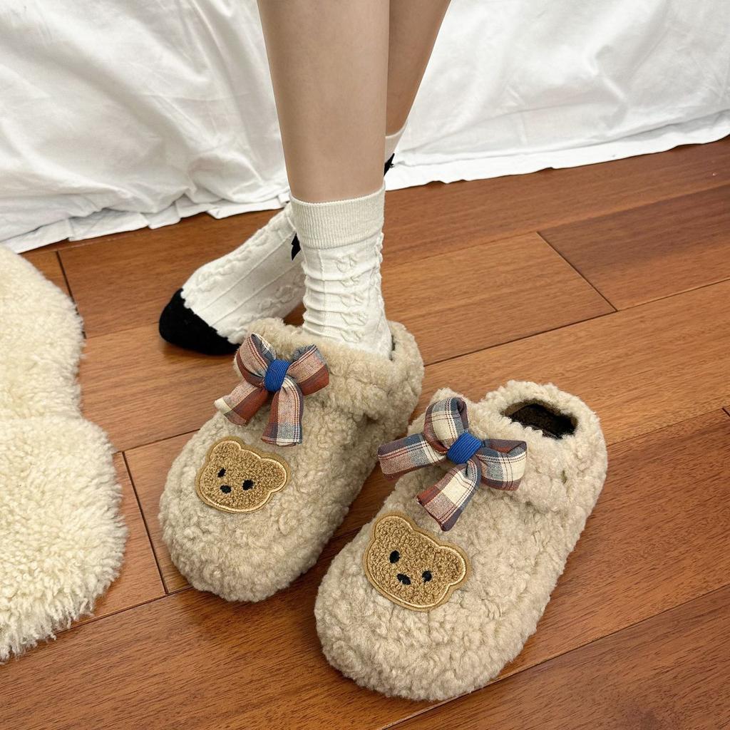 Cute Baotou Heightening Fleece Cotton Slippers Women's 2025 Autumn and Winter New Internet Celebrity Cartoon Fluffy Slippers Women's Outer Wear