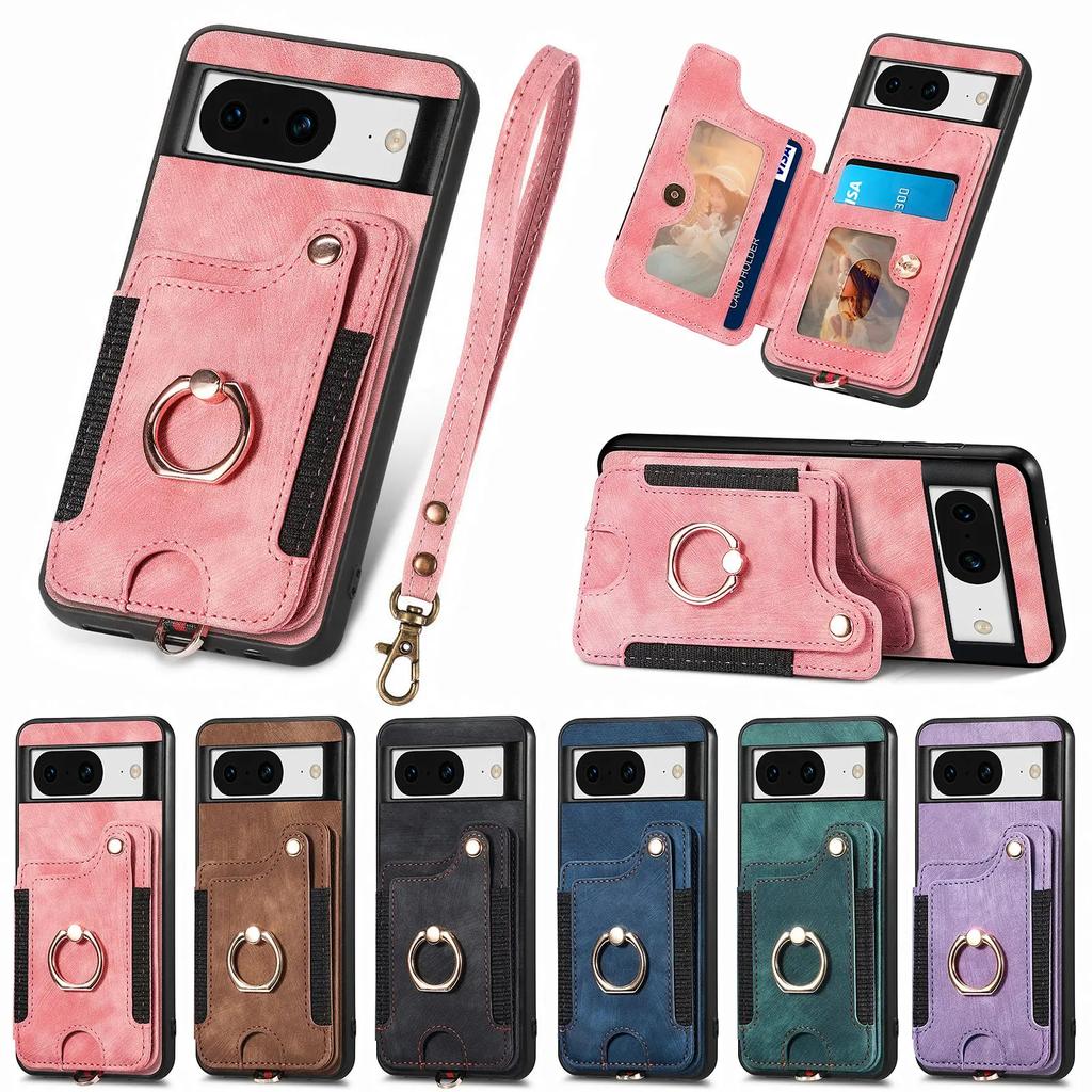 Ring Holder Cards Solt Leather Wallet Case for Google Pixel 8 Pro 7 7A 6 6A Magnetic Kickstand RFID Pouch Pocket Bag Strap Cover