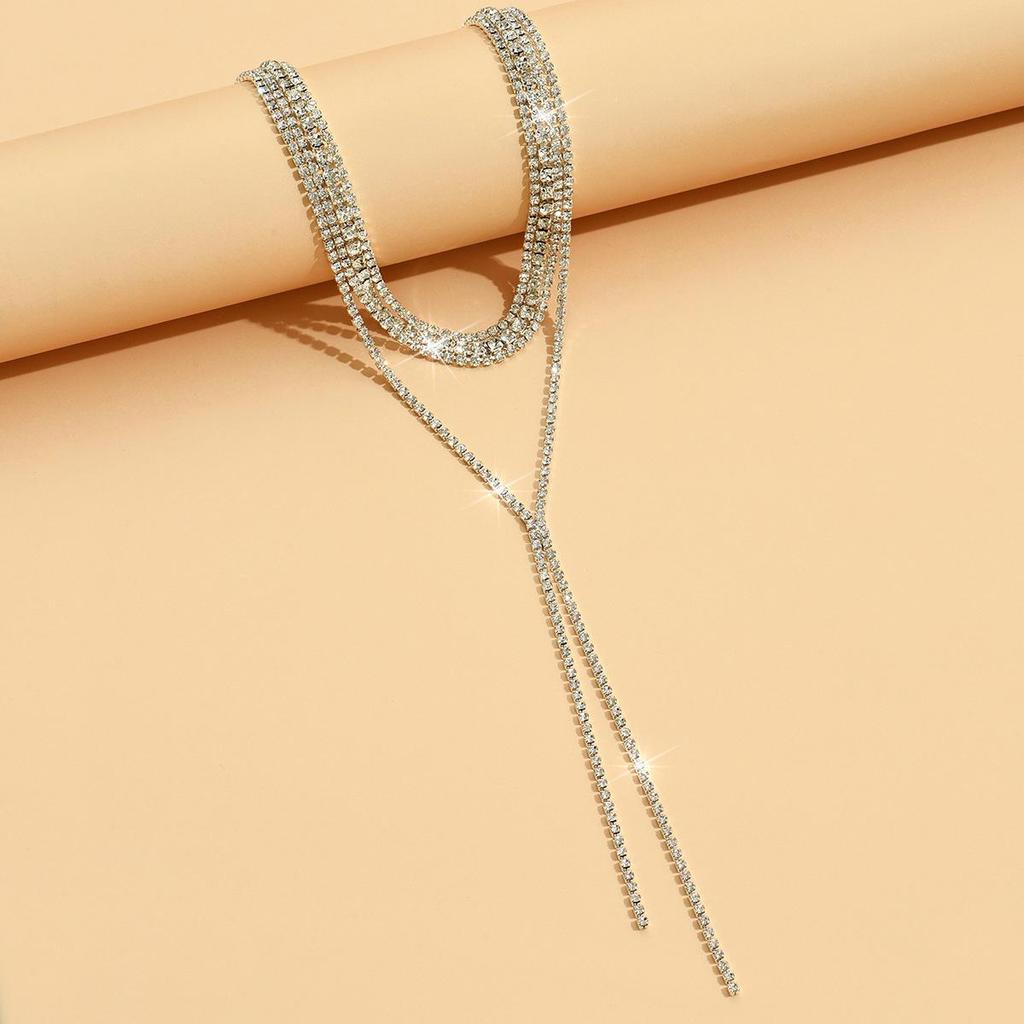European Exaggerated Rhinestone Tassel Collar Necklace