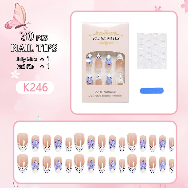 Blue Almond 3D Flower Rhinestone Polka Dot Long Press-On Nails