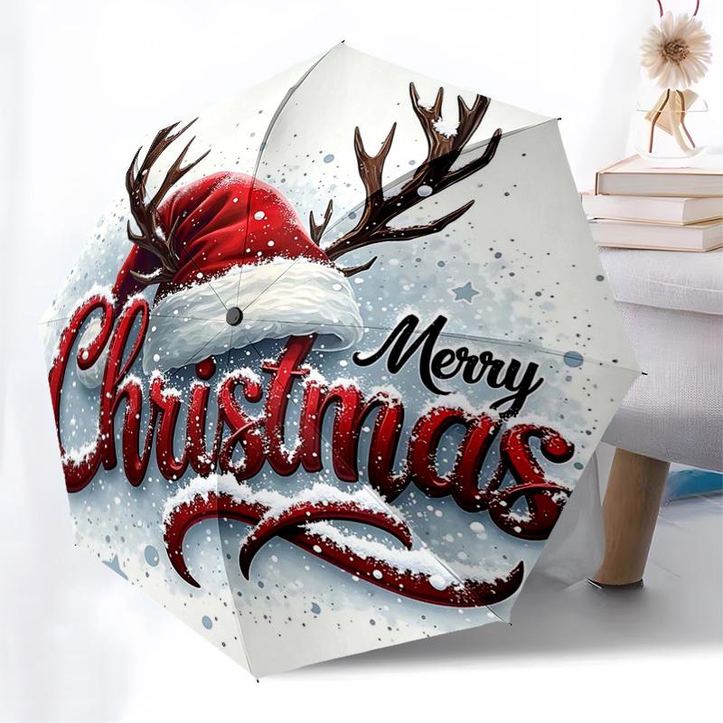 

1pc Merry Christmas! Santa Hat with Antlers, Auto Open Close Umbrella, Portable 3-Fold Design, 8-Bone Iron Frame, Outdoor Umbrella, Festive Gift for F