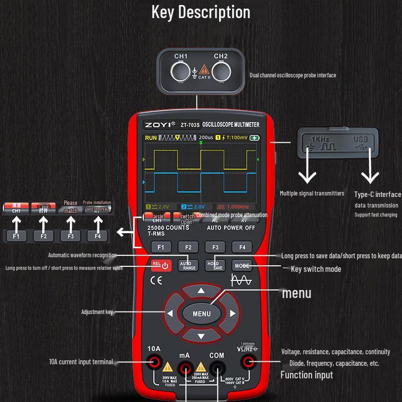 ZOYI Oscilloscope 702S/703S: Multifunction Multimeter & Signal Generator, High-Precision Three-in-One Device