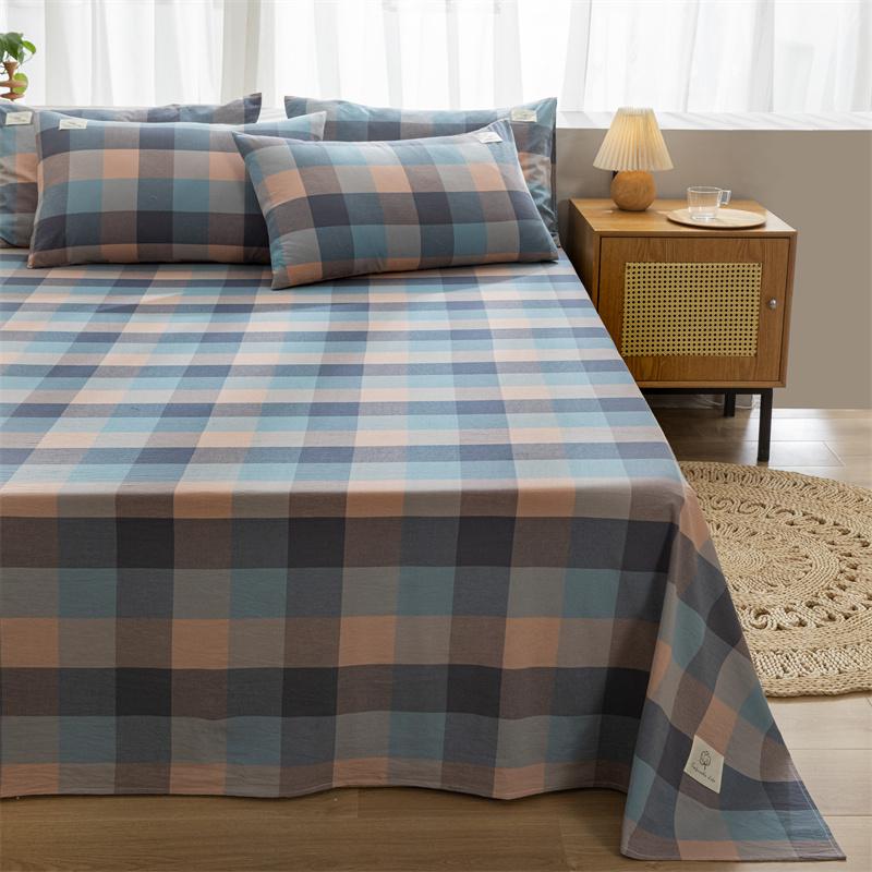3Pcs 100% Cotton Simple Plaid Pattern Bed Sheet Set Skin-friendly Comfortable Geometric Printed Flat Sheet with Pillowcases