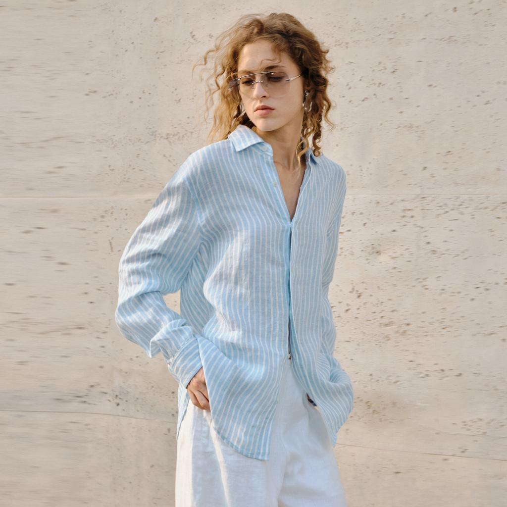 Premium% linen shirt striped long-sleeved lapel top old money style women spring and summer loose silhouette shirt