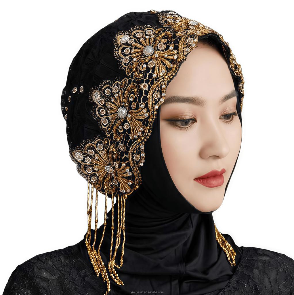 YASEEN New Beaded Rhinestone Lace Headwrap Hat Fashionable Comfortable Stretchable Easy Wear Ethnic Style Flower Turban Women