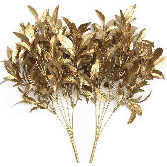 PASYOU Fake Leaves Plants for Christmas Decor, Gold Artificial Shrubs Grass Foliage Plastic Bulk Leaf Indoor Outdoor Home Garden Party Hotel Verandah