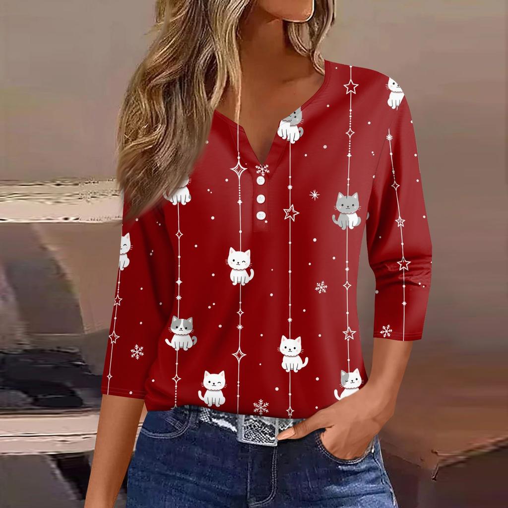 Women's Casual Christmas Print V-Neck 3/4 Sleeve Button T-Shirt