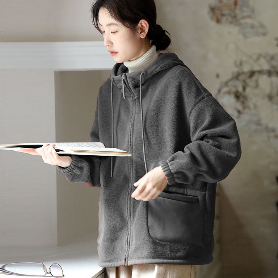 Damen Kapuzen-Fleecejacke Dünn gefüttert Locker geschnitten Einfarbig Lässig Koreanische Mode Frühling Herbst Sweatshirt