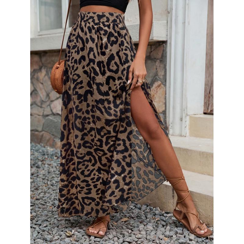 High-Waisted Leopard Print Slit Skirt