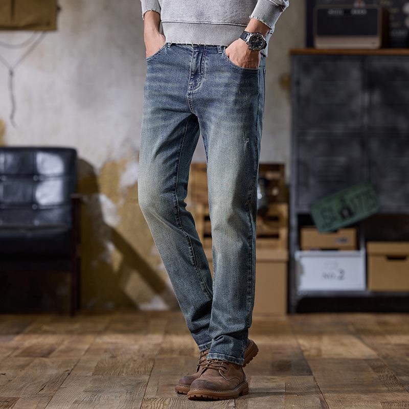Fashion commuter jeans trendy brand slim small feet denim boys slim straight pants elastic retro denim trousers