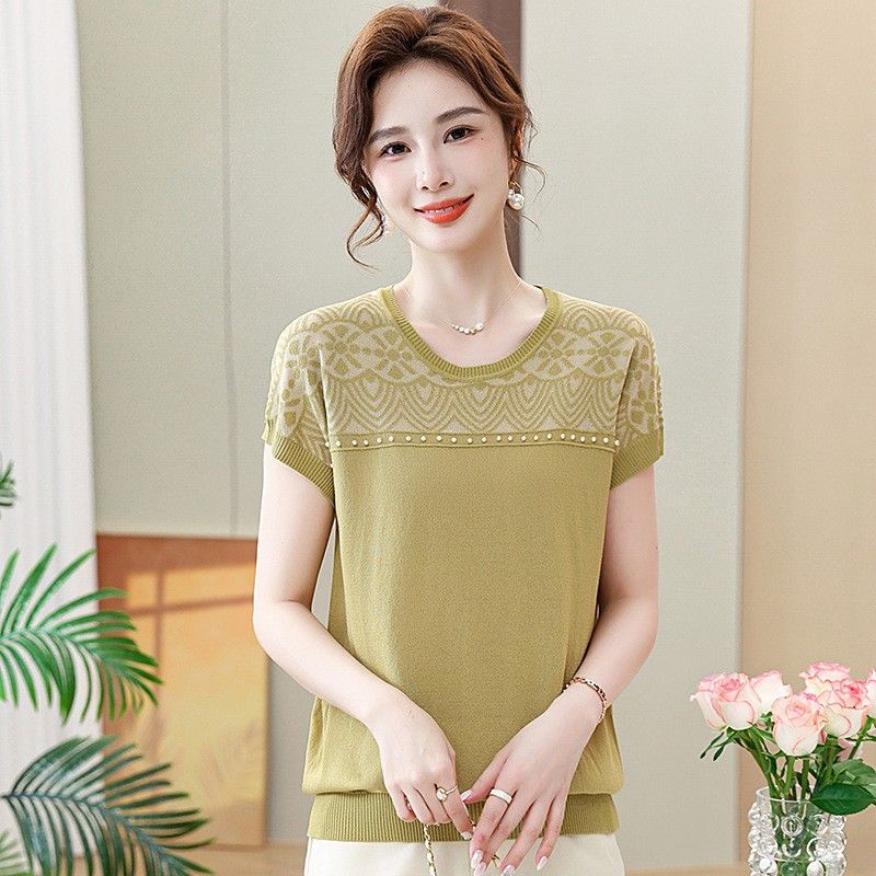 Summer Women's Ice Silk Short Sleeve T-shirt Jacquard Round Neck Loose Casual Mom Outfit Thin Top