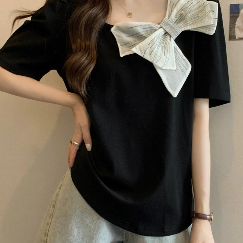 

Женские декоративные футболки с бантом-бабочкой, женские однотонные топы с квадратным вырезом во французском стиле, летние повседневные дышащие женские футболки 2XL