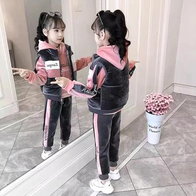 Winter Girls Tracksuit Autumn Toddler Teenager Clothes Velvet Jacket Vest Hooded Strip Pant Children Kids