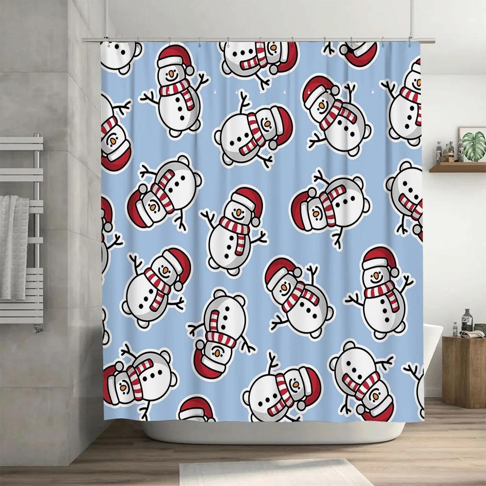 Winter Shower Curtain Christmas Snowman Design for Bathroom Decor Waterproof Fabric with Hooks Set in Multiple Sizes