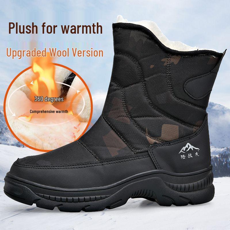 Men's Black High-Top Winter Snow Boots - Thickened, Non-Slip, Warm Cotton, With Zipper