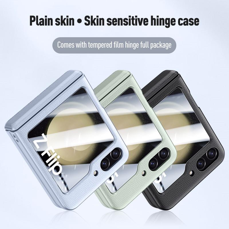For Galaxy Flip5 5G Luxury Leather Tempered Glass Film Case for Samsung Galaxy Z Flip 5 Flip5 Hinge Protection Cover Capa