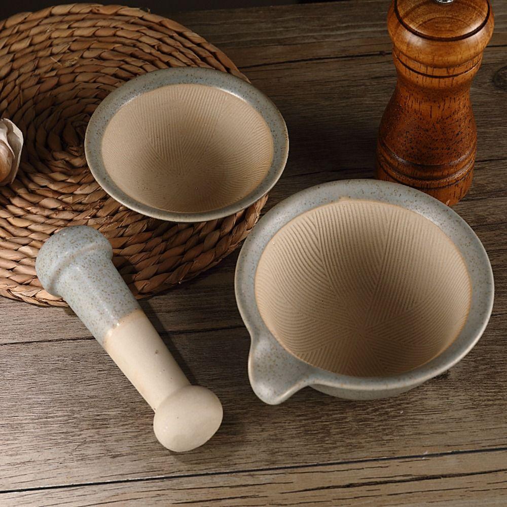 Durable Rice Paste Bowl Manual Garlic Mortar Pestle Tableware Grinding Bowl Rod Set Household