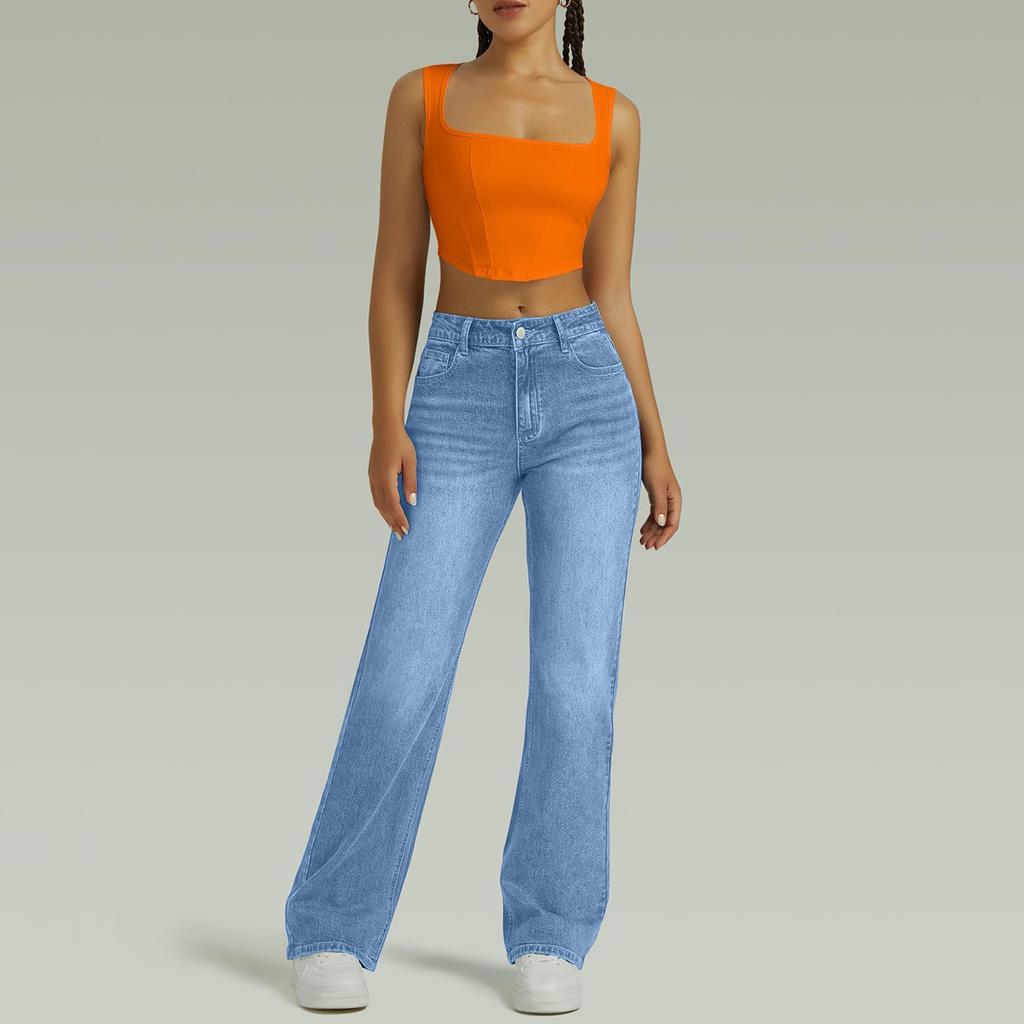 Women's High Waist Washed Women's Jeans Fashionable Versatile Straight Leg Pants
