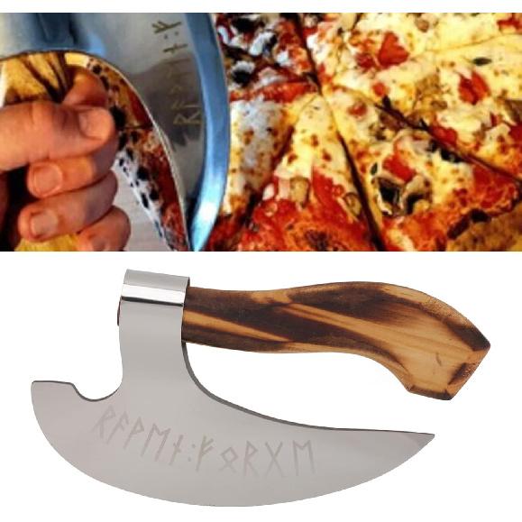 Diydeg Pizza Cutter Axe, Multi Purpose Stainless Steel Handmade Pizza Cutter with Anti Slip Pine Handle, Medieval Pizza Cutter Kitchen Tools for