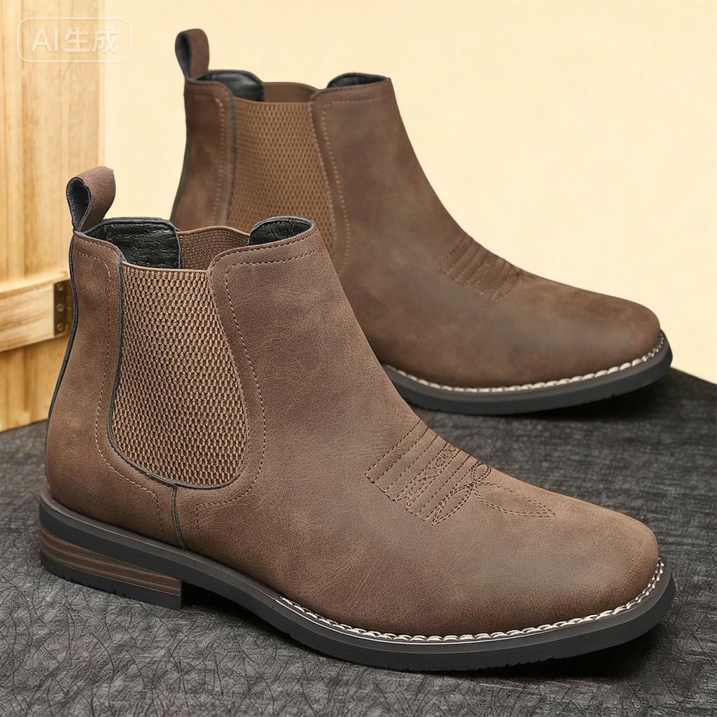 Ghete Chelsea pentru bărbați, Ghete casual din piele, Ghete retro până la gleznă pentru bărbați, Cizmă cowboy western cu broderie