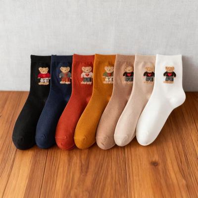 7Pairs/lots Women's Bear Print Cotton Socks Mid-Crew Casual Socks Japanese Kawaii Style Soft Warm Socks for Winter  As Same As The Picture