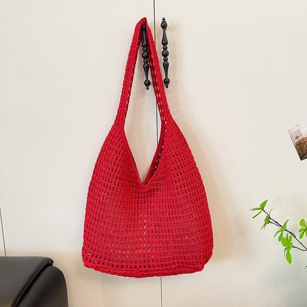 Large Capacity Knitted Shoulder Bag Solid Color Woven Handbag Durable Crochet Mesh Tote Bag Summer