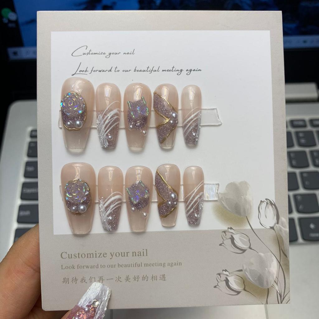 10pcs/set Purely Handmade Wearable Nails Removable Nail Art French Simple False Nails Finished Long and Short Nails