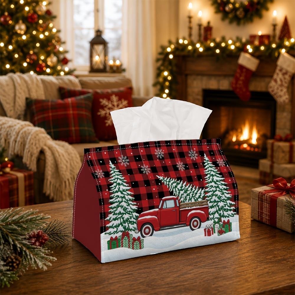 1pc Traditional Winter Snowy Tissue Box - Multi-functional Napkin Box, Available Made of Durable Polyester, Decorated with Vintage Truck Pine Tree Pre