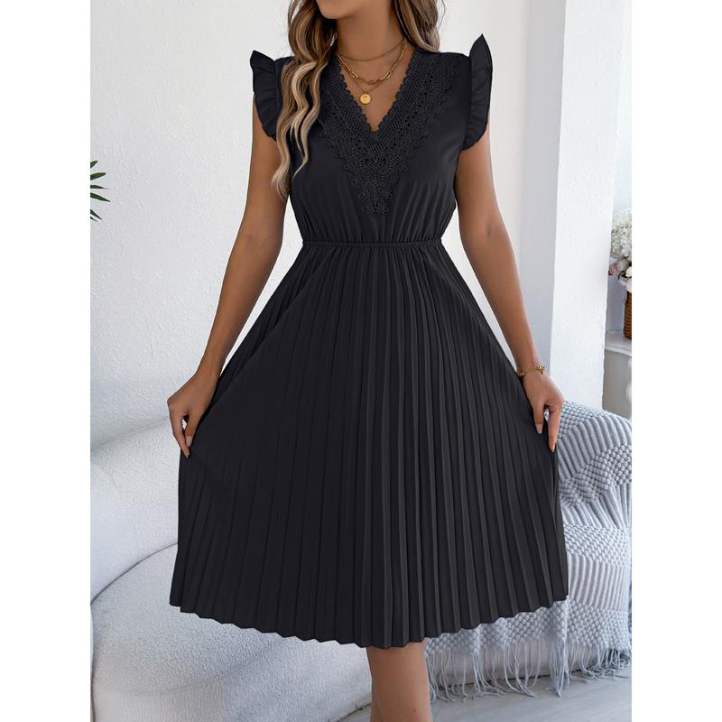 Abito Gonna Casual in Pizzo Scollo a V Vita Pieghettata Stringivita Abito Lungo da Donna Stile Streetwear Moda Transfrontaliera