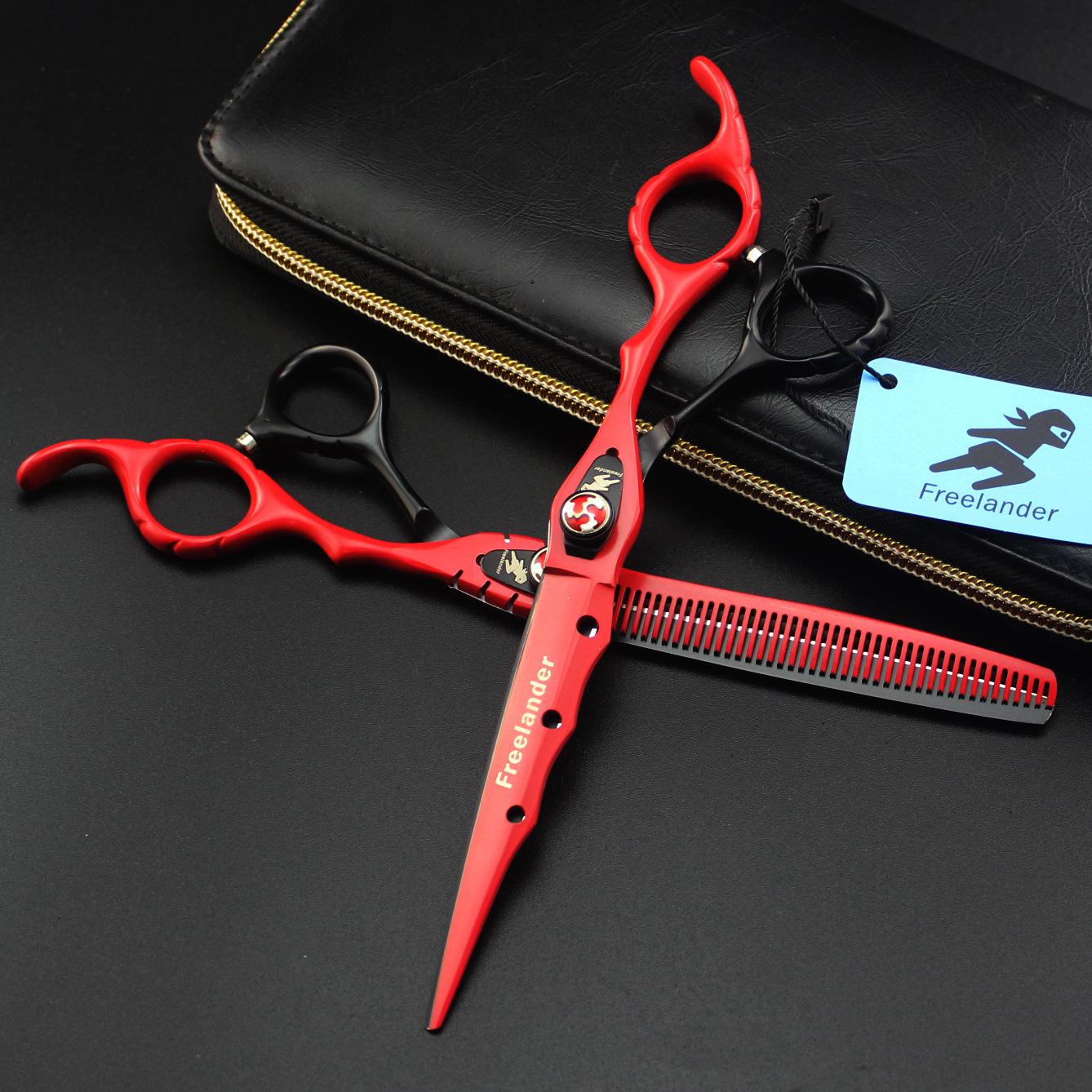 7.0  Freelander Black-Red Hairdressing Pet Shears - Straight & Serrated Scissors Black-Red 7-inch Straight Shears