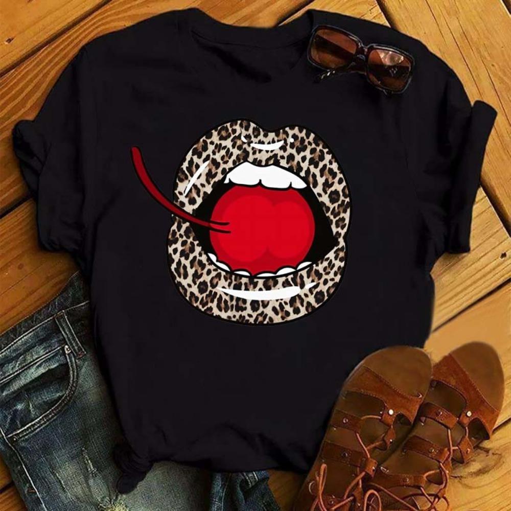 New Women Pink Lips Leopard Graphic T Shirt Casual Fahion O-neck Sexy Black Tees Kiss Lip Funny Girls Tshirt