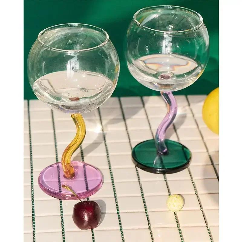 1pcs Multicolored Red Wine Glass Glass Cup with Curved Bottom Design Colorful Transparent Large Belly Red Wine Glass