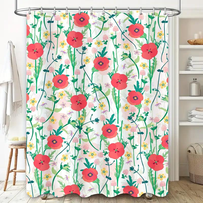 Delightful Floral Shower Curtain Red Poppy Yellow Bloom Pattern Bath Decor Waterproof Fabric with Hook Rings for Home Bathroom