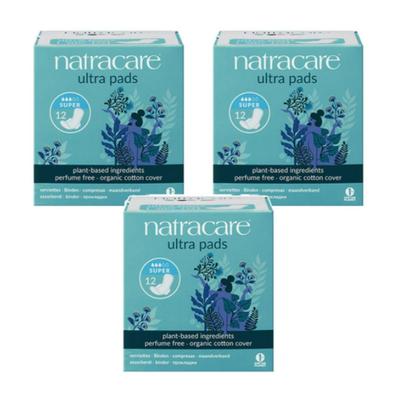 Natracare Ultra Pads Winged Sanitary Pads, Medium Size, 12 Pads Per Pack × 3 Packs