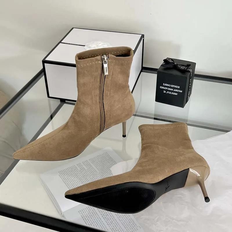 Fashion Elegant Thin-Heel Pointed-Toe Ankle Boots for Women Fashion Spring/Fall Side-Zip Faux Suede Boots Sexy Comfortable Modern Boots