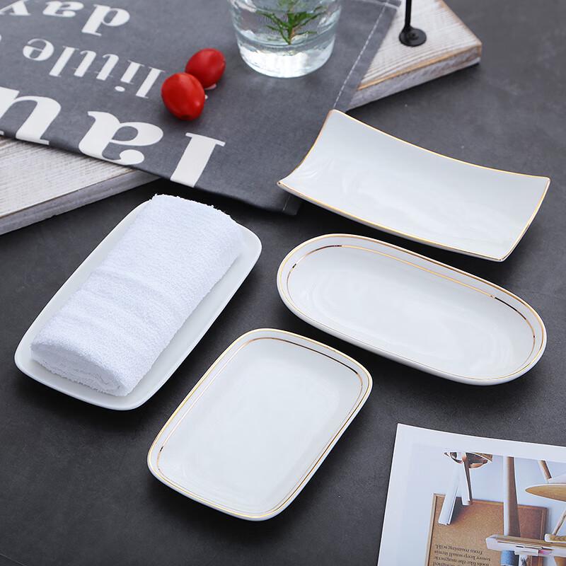 Gold-Rimmed Ceramic Rectangular Towel Dish