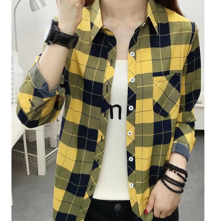Damen Frühling und Herbst Langarm Plaid Revers Shirt Korean Retro Casual Bottoming Shirt
