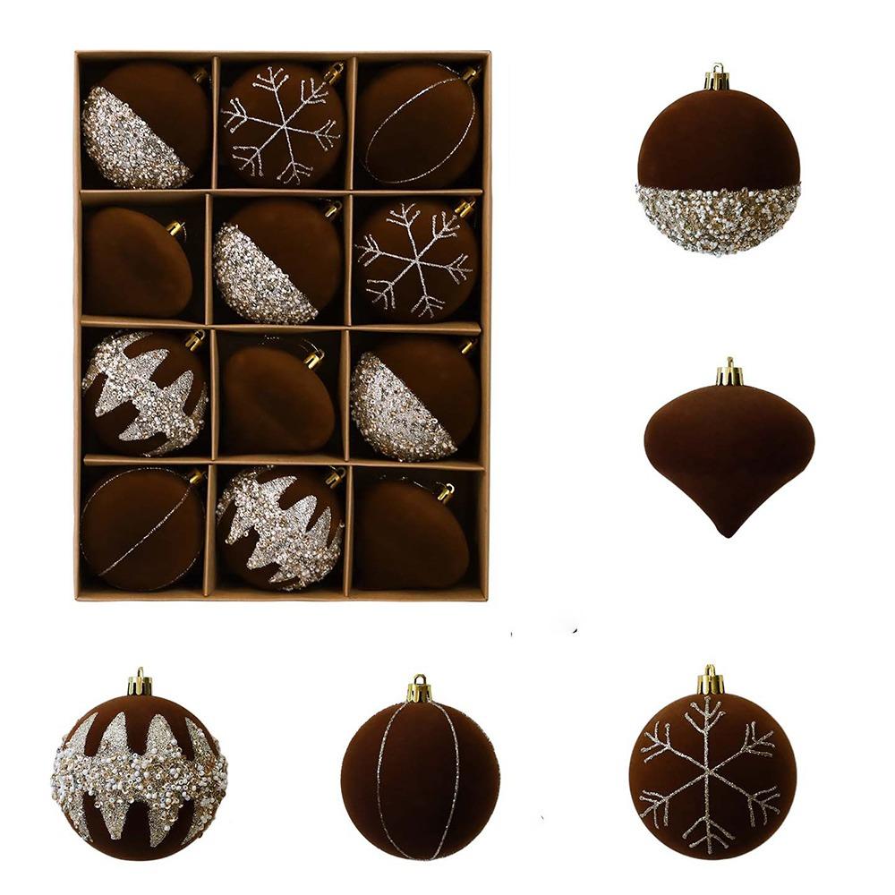 12Pcs Glitter Christmas Baubles Ornament Plastic Flocked Ball Gift Box New Year