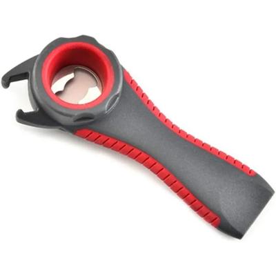 5v1 plechovka na lahve, víčko s odšroubovacím úchytem, ​​měkká rukojeť, multifunkční otvírák, plast, černočervená