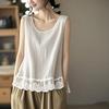 Plus Size Lace Hem Cotton Linen Camisole for Women - Sleeveless Belly-Covering Doll Shirt (Spring/Summer 2026)