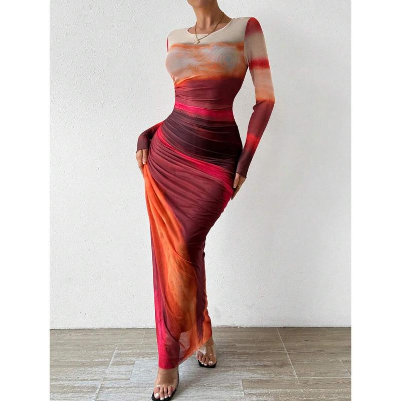 Spot European and American Fashion Mesh Printing Pleated Sexy Tight Crew Neck Dress