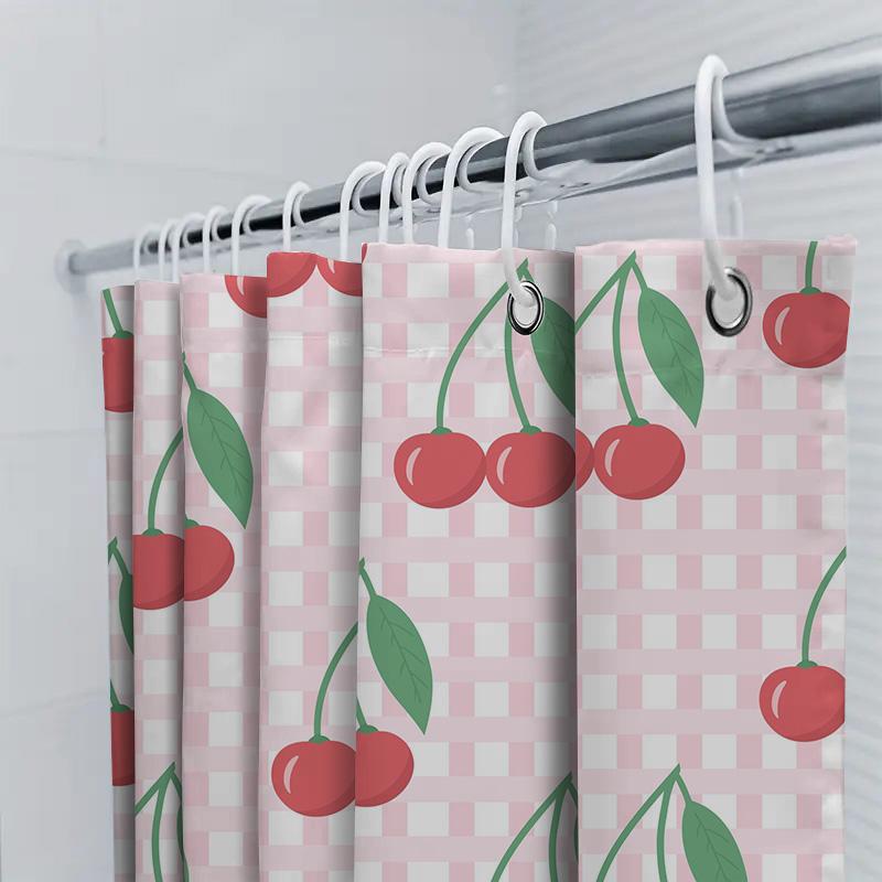Fruit Shower Curtain Red Cherries Gingham Check Pattern for Bathroom Decor
