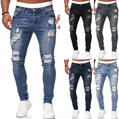 Men Jeans Color Ripped Holes Frayed Gradient Washed Trousers