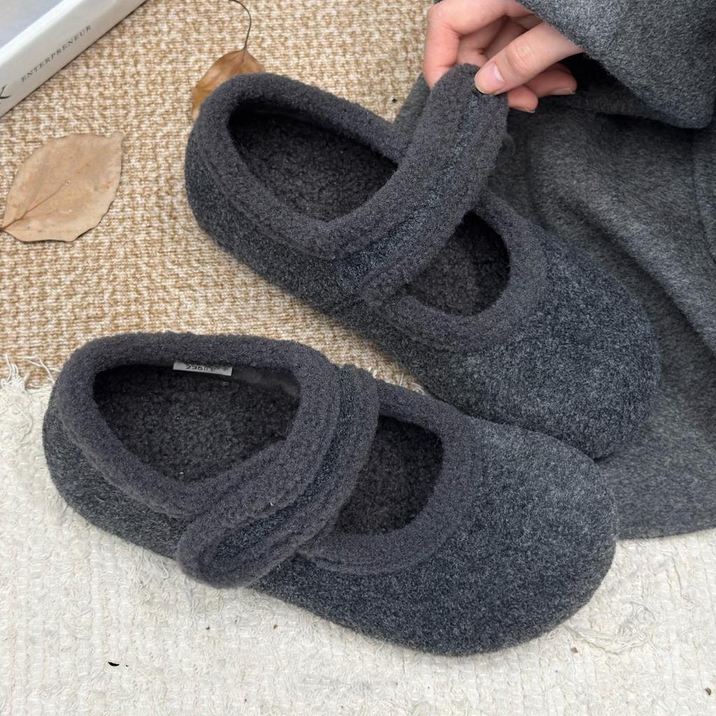 Ulliga Mary Jane Damskor 2025 Höst och Vinter Nya Plysch Varma Ullskor Kardborreband Mjuka Balett Damskor