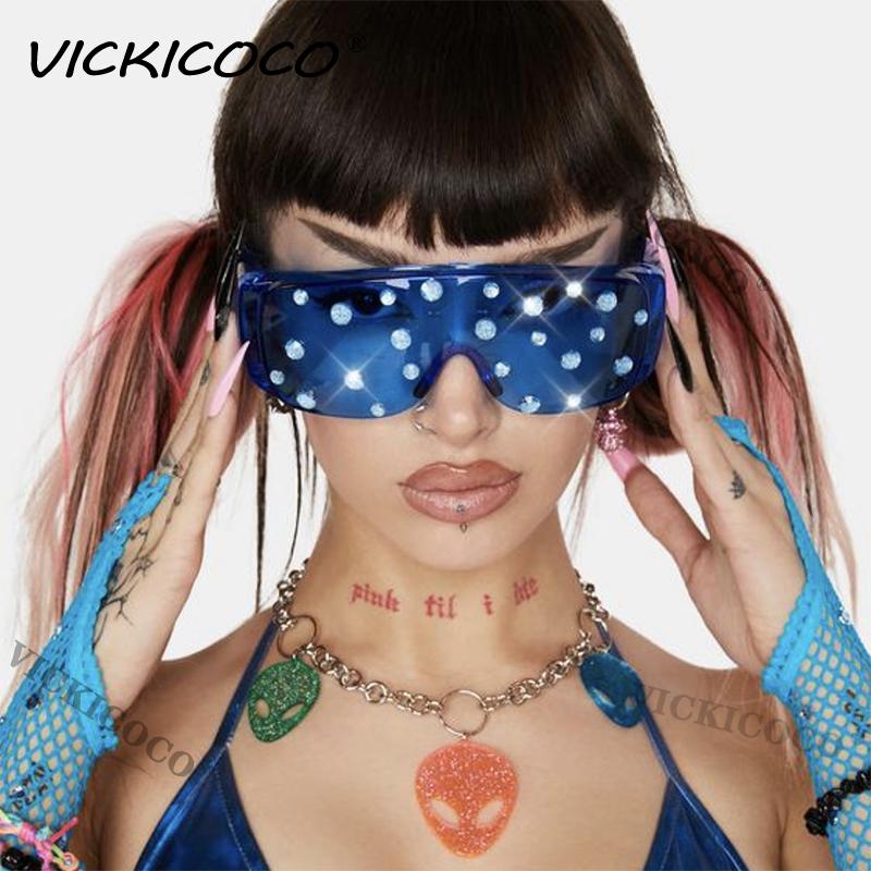 Oversized Diamond Goggle Sunglasses Women Men Fashion One Piece Windshield UV Protection Punk Rhinestone Sunglasses Feminino Man
