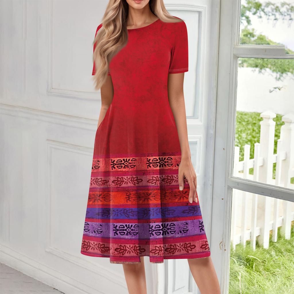 Women Casual Printed Round Neck Long Dress